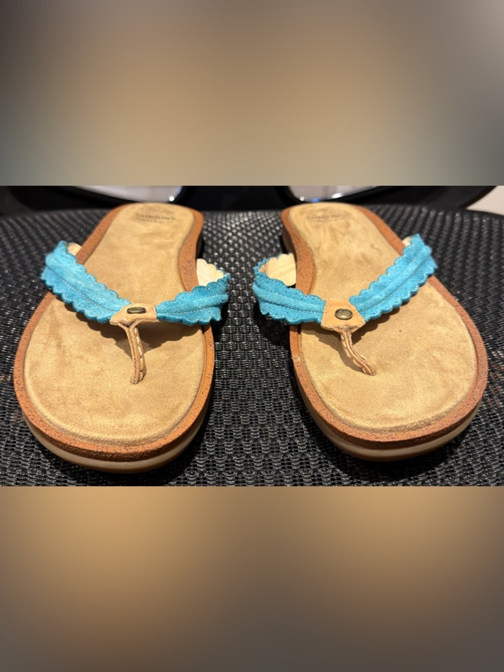 Bass Sunjuns Flip Flops Suede Brown Turquoise Size 11 - Picture 2 of 6
